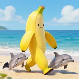 an oversized banana walking her pet dolphin