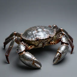 a crab wearing medieval steel armor with iron claws, rivets, industrial, metal, studio lighting