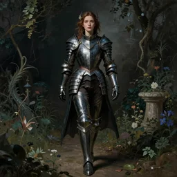 woman in dark princess dragon armor, walking on the gloomy garden. by william henry hunt