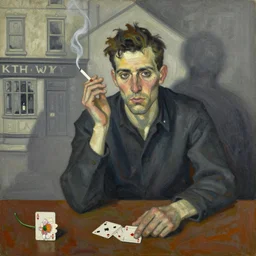 oil painting in the style of john craxton sailors holding cigarettes in the shadows of a pub. strong lighting. playing cards. brush. single flower. smokey bar. seated figure hands on table. eye. strong expressions on faces. cheekbones. in the style of ivon hitchins line drawing on painting,