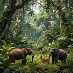 an epic beautiful jungle scene with many different animals, hyper detailed, cinematic