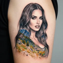 double exposure effect tattoo sketch of a megan fox blended with a beautiful mountain scenery, surreal, in the style of matteo pasqualin, amazing detail, sharp