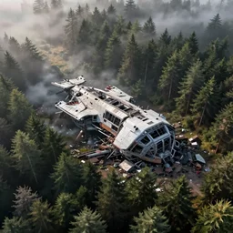 wreckage of a large spaceship crashed in the middle of a German forest, aerial view, photorealistic, concept art, mist, atmospheric, NASA