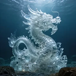 a colossal crystalline statue of an ancient chinese dragon buried underwater, 8 k photography