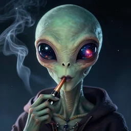 Portrait of an Alien smoking a blunt, universe reflecting in his eyes, digital art