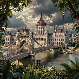 ultrarealistic intricate photography postapocalyptic budapest chainbridge jungle cinematic panoramic