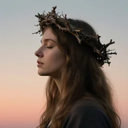 A woman's profile, long hair, closed eyes, wearing a twig crown. Dutch style masterpiece. Rembrandt light. hq. detailed. moody. gradient pastel color background. cinematic.