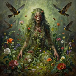 'Life from death' An aesthetic horror painting depicting 'A human slaughterhouse with plants and flowers growing inside it, birds and insects flying around' by DevianArt, Trending on cgsociety artstation, 8k, masterpiece, cinematic lighting, highly detailed, vibrant colors.
