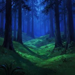 a hilly green blue fantasy redwood forest at dusk. perspective landscape fantasy. high contrast, strong shadows. deep colorful soft gradients, rich blue tones. by norman rockwell, johfra bosschart, and eyvind earle. artstation