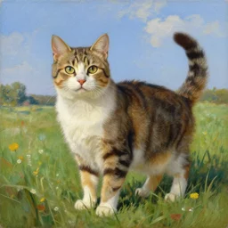 A painting of a cat under the sky in a field, by (Ross Tran, Norman Rockwell, Leonardo da Vinci), extreme detail, Trending on Artstation