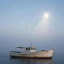 swarm of birds, laguna beach in california, lush fog, old fishing boat, moon rays, fog, fuzzy iridescent glare, deep blue mood, contemporary archival color photograph print from the original negative, by stanley kubrick