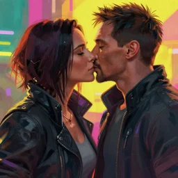 a cyberpunk 2077 srcreenshot couple portrait of Keanu Reeves & Triniti in kiss,love,film lighting,by Laurie Greasley,Lawrence Alma-Tadema,Dan Mumford,artstation,deviantart,FAN ART,full of color,Digital painting,face enhance,highly detailed,8K,octane,golden ratio,cinematic lighting