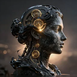 epic illustration, digital abstract sculpture of beautiful female face silhouette and black swirling liquifying acrylic portrait, sculpt, octane render, mechanical superstructure, sacred geometry, glowing edges, magic hour, beautiful light, sculpture of carving marble, dark colors, dark mood, one point light, golden spirals, clockwork, epic matte painting, concept art, bokeh, digital painting, artstation