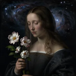 a veiled woman with crying flowers in a nebula, by Jan van Eyck