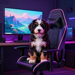 a cute bernedoodle puppy sitting in a gaming chair + neon rgb light strips, large computer monitor, mountains in background!!!!!!!, vaporwave, dramatic, confident, rule of thirds, 4 k, award winning, octane render, volumetric lighting