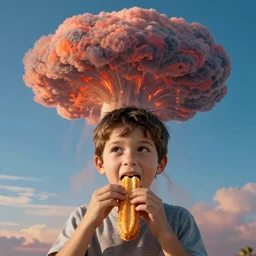 a kid eating a churro, a nuclear mushroom cloud in the background, digital art, very coherent symmetrical artwork, cinematic, hyper realism, high detail, octane render, unreal engine, 8k, Vibrant colors, Smooth gradients, High contrast