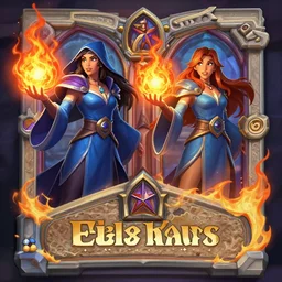 Who : a mage with a blue robe casting a fire ball; Physical : Ella Knox & Beverly Paige exact same body ; IMPORTANT : Hearthstone official splash art, award winning, award winning on Hearthstone characters art