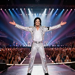 wide shot, award - winning hyperdetailed photograph of 5 0 year old thin!!!! skinny!!!!! michael jackson smiling on stage at his concert with arms stretched out, wearing diamond crystal outfit with crystals, massive crowd in frame, wide!!!!!! spotlights and flashing colors behind him, stunning lighting, studio quality, 4 k, this is it, vevo 2 0 0 9