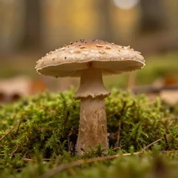 a mushroom in a forest, moss, autumn, warm colors, photography, depth of field