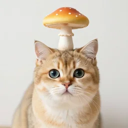 a small domestic housecat with a golden mushroom growing atop its head