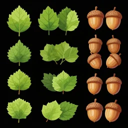 game assets spritesheet, leaves and acorns, vector art, very detailed