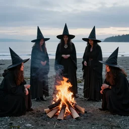 witches with a dark grown assemble around a fiery campfire at the beach of vancouver island, photography