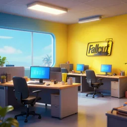 fallout office space, vibrant colors, 8 k photorealistic, hd, high details, trending on artstation