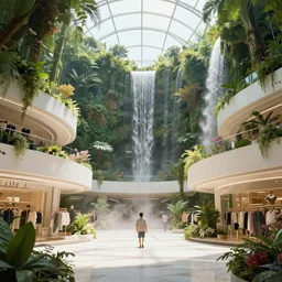 movie still frame, a minimalist shopping mall strip inside a luxurious futuristic city dome in a lush jungle, waterfalls, flowers, beautiful composition, sunny, steam, 8 k, cgi, by ridley scott, james cameron, zack snyder and michael bay