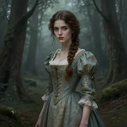 a beautiful brown - haired young woman with an old dress of the 1 9 th century in horror forest, intricate, elegant, highly detailed, digital painting, artstation, concept art, smooth, sharp focus, illustration, ethereal, misty, by ilya kuvshinov and jeremy mann, 8 k, octane render