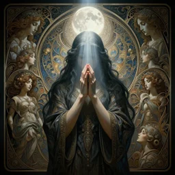 prayer in silence, masterpiece,  cinematic, powerful, moon beams dramatic light, highly, intricate elements, hollow souls, detailed, digital painting, artstation, concept art, sharp focus, contrasty, illustration, art by artgerm and greg rutkowski and alphonse mucha, mitch foust, elaborate composition, intricate story