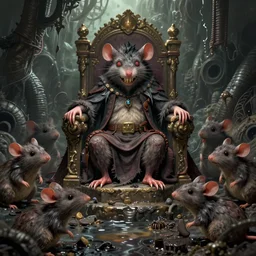 murky sewer scene with an evil rat king sitting on a throne and grinning, surrounded by other rats. trending on artstation, fantasy illustration, rat people, extremely detailed