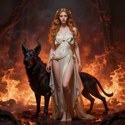 epic masterpiece full body portrait a beautiful Persephone with a beautiful face and flawless skin, queen of the underworld, in Hades, flames and smoke in background, hell hound at her side, by Edgar Maxence and Ross Tran and Michael Whelan