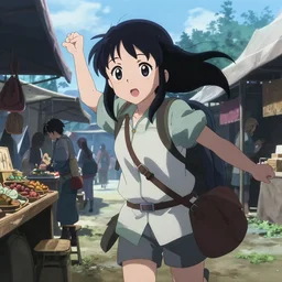 anime visual, portrait of a young female traveler in an open medieval market shopping, cute face by katsura masakazu, yoh yoshinari, cinematic luts, cold studio lighting, dynamic pose, dynamic perspective, strong silhouette, anime cels, murata range, cel shaded, rounded eyes