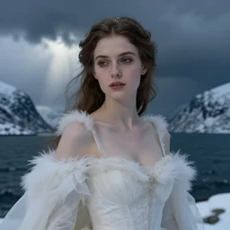 mage, norway fjord, extreme close up portrait, hudson river school, max rive, dress made of stormy seas, white royal dress, beautiful, bokeh, gentle, female, snowy, storm clouds, god rays, extreme close up portrait, d & d, fantasy, elegant, low key color palette, concept art, roger deakins and greg rutkowski and alphonse mucha