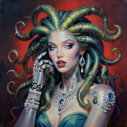a beautiful painting lovely seductive medusa robot, jewelry, diamond jewelry. by steampunk art, award - winning art, andy warhol color, dramatic light, octane render