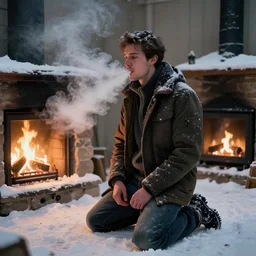 man in winter clothes kneeling in the snow. Smoke pouring from his mouth. Smoke pouring from the unlit fireplace. Craig Mullins. Portrait. featured on artstation