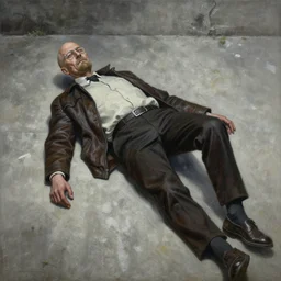 painting of disturbing saul goodman lying on concrete ground, decrepit, corpse-like, by jon hale, beksinski, giger