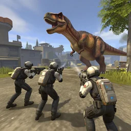 futuristic soldiers fighting a dinosaur in garry's mod, in game screenshot