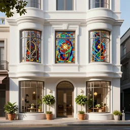 digital render of a white multi storey building with curved windows with stained glass crazy pattern. plants in pots sides door. architectural render.