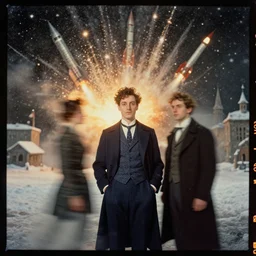 kodak portra 4 0 0, wetplate, muted colours, blueberry, 1 9 1 0 s style, motion blur, portrait photo of a backdrop, explosions, rockets, sparkling, architect, snow storm, by georges melies and by britt marling