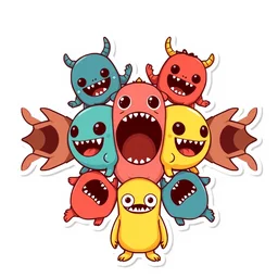 symmetrical cute monsters, vector sticker art, sticker, clean background, illustration, spread sheet, game icon