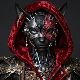 highly detailed and decorated beautiful black albino, all dressed in metalic parts and expensive fabric, beautiful face and eyes, robotic mask on his face, red velvet fabric made of paint, celshading, sharp focus, intricate, detailed, by rhads, andreas rocha, makoto shinkai, lois van baarle, ilya kuvshinov and greg rutkowski, by greg rut