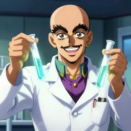 In the style of JoJos Bizarre Adventure: The handsome bald italian scientist with brown eyes and a full beard wearing a labcoat smiles wide as he carefully holds two test tubes with brightly glowing liquids with energetic aura, his pose is wide stanced and unnaturally wide as he tilts his head looking directly at the camera with piercing eyes and flowing blue green aura emanates from his body, ultra high resolution, intricate details