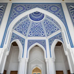 interior of a massive hall with intricate muqarnas glowing blue obsidian and white marble, detailed, busy museum interior, incredible, remarkable, volumetric lighting, cinematic lighting, 8 k
