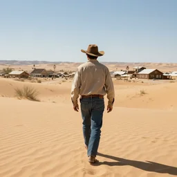 cowboy walking in dessert, town in the distance, realistic, photo, detailed
