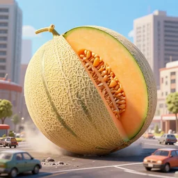 a gigantic canteloupe rolling through a city and destroying buildings and cars