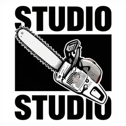 propaganda poster for a studio with a chainsaw, black and white, street printed poster,