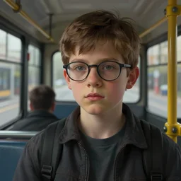 Portrait A boy with glasses waiting for the bus, digital painting, artstation, concept art, donato giancola, Joseph Christian Leyendecker, WLOP, Boris Vallejo, Breathtaking, 8k resolution, extremely detailed, beautiful, establishing shot, artistic, hyperrealistic, octane render, cinematic lighting, dramatic lighting, masterpiece, light brazen, extremely detailed and beautiful face