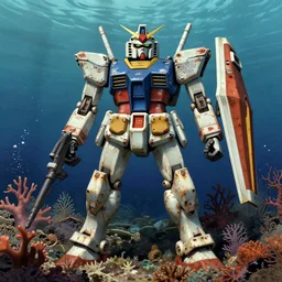sci - fi art, abandoned derelict gundam, covered in rust and damaged, built - in a coral reef, art by yoji shinkawa