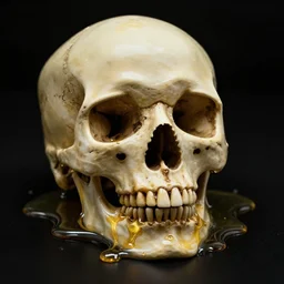 a skull melting like oil, photograph, 4 k, black background